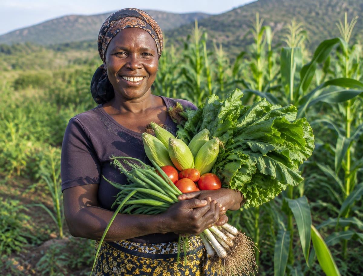 Agricultora com legumes acabados de colher no campo